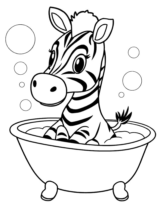 Baby zebra bathing in a tub coloring page